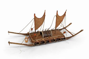 Vintage Polynesian Style Double Canoe Model Boat Tribal Handcrafted Decor