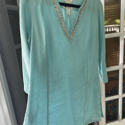 Malvin 100% Linen Rhinestone Embellished Tunic Top Sz L US 10 V Neck Slits turquoise
