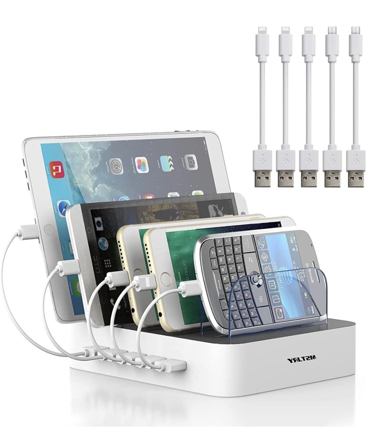 5 Port Multi USB Charger Station with Power Switch Designed for iPhone iPad Cell Phone Tablets (White, 6 Mixed Short Cables Included)