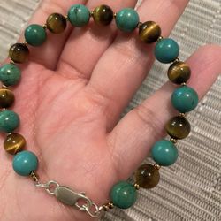 Sterling Silver Turquoise And Tigers Eye Bracelet 