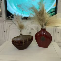 Uniquely Shaped Ruby Red Vases/Bottles (2) Include Florals/Feathers - Weston 33326 (Selling As A Set)