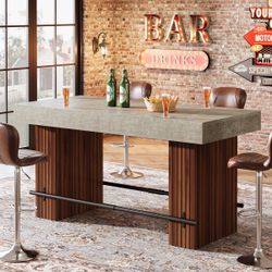 Industrial Rectangular Counter Height Pub Dining Bar Table 63-Inch Home Office Unit with Metal Footrest for Kitchen Bistro
