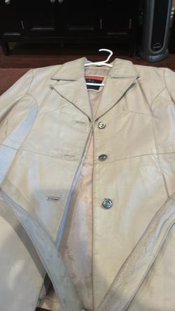 L Beige Leather Button-Up Jacket