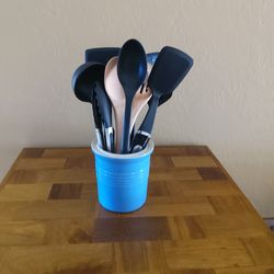 Ceramic Utensil Holder With Plastic & Wooden Utensils
