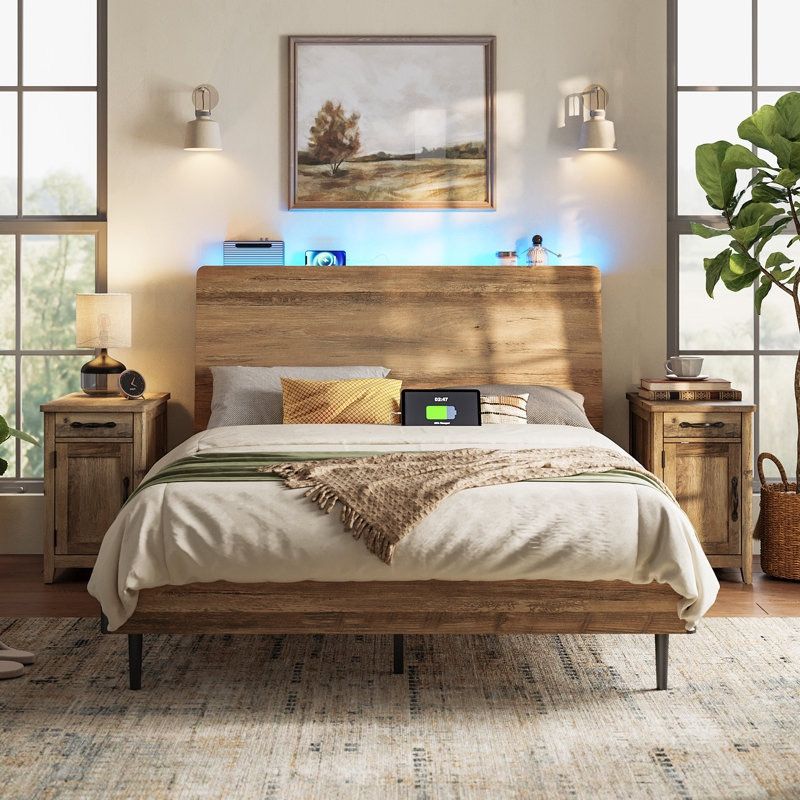 LINSY Full Size Bed Frame with RGB Lights & Ergonomic Headboard ...