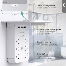 Wall Outlet Extender with Surge Protector, 6 AC Outlets, Shelf, 3Charging Ports