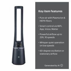Midea 41” Bladeless Tower Fan + iHEPA Air Purifier – Smart WiFi – New Open Box
