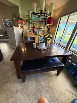 Dark Wood Dining Table with Bench and Chair