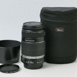 Canon EF-S 55-250mm f/4-5.6 IS Lens w/ Hood, Lowepro Case, & Hoya PL-Cir Filter