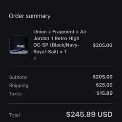 Jordan 1 Union Fragment Black/navy-royal-sail Size 8 