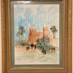Framed Original Watercolor Painting – Moroccan Kasbah Desert Scene (14” x 17”)