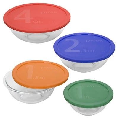 Pyrex Smart Essentials 8-Piece Glass Mixing Bowl Set with Assorted Colord Lids