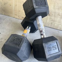 New pair of 35lb rubber dumbbells with cuts