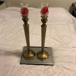 Old Vintage Pair Brass 22" Candlestick Candle Holders Hexagon Base