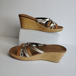 Skechers Women's Beverlee Beach Blast Tan Silver Animal Print Wedge Size 7