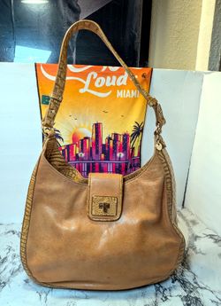 Brahmin Hobo Shoulder Bag Tan Leather Croc Trim