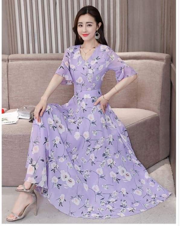 Purple Floral Summer Maxi Chiffon Dress
