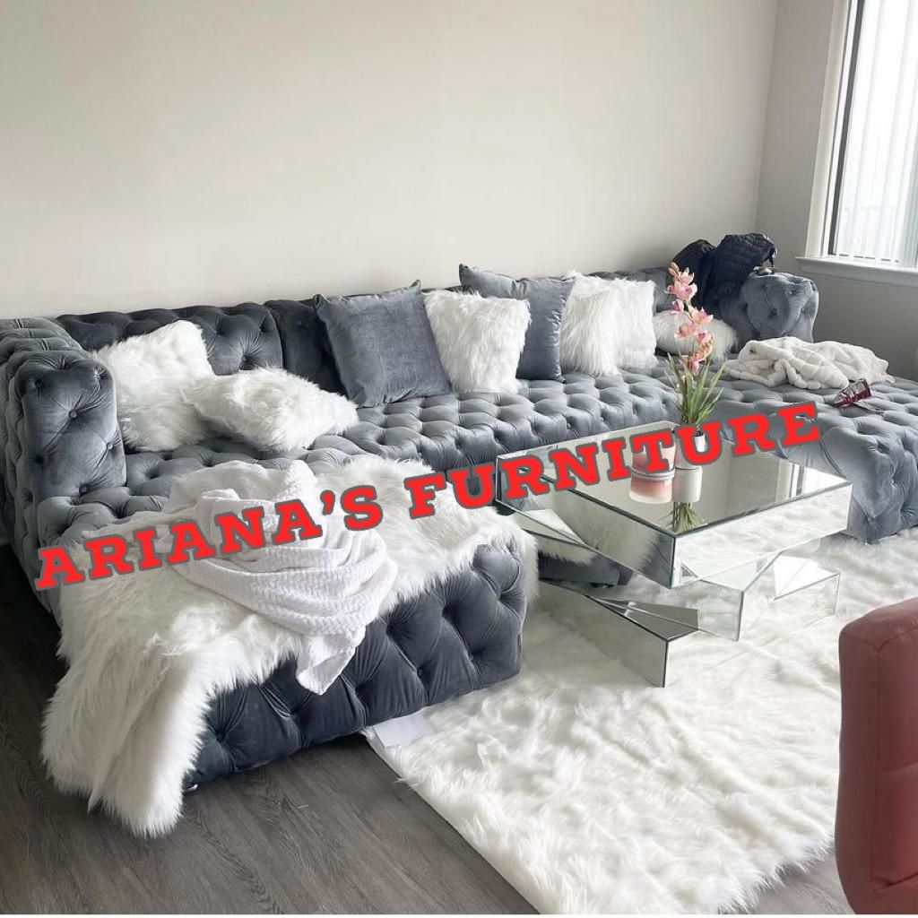 New Grey Velvet Tufted Double Chaise