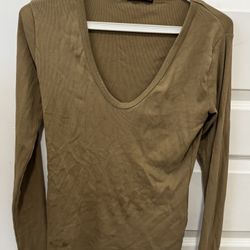 Zara Ribbed Long Sleeve T-Shirt with Deep V-Neck