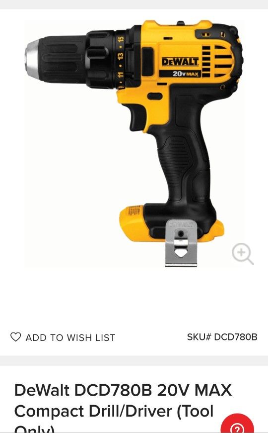 DeWalt DCD780B 20V MAX Compact Drill/Driver (Tool Only)