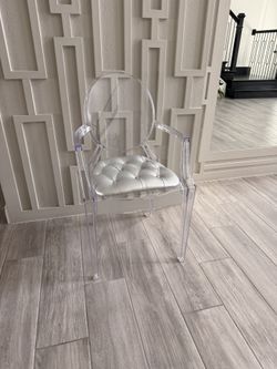 Clear Acrylic Ghost Chair with Silver Tufted Cushion