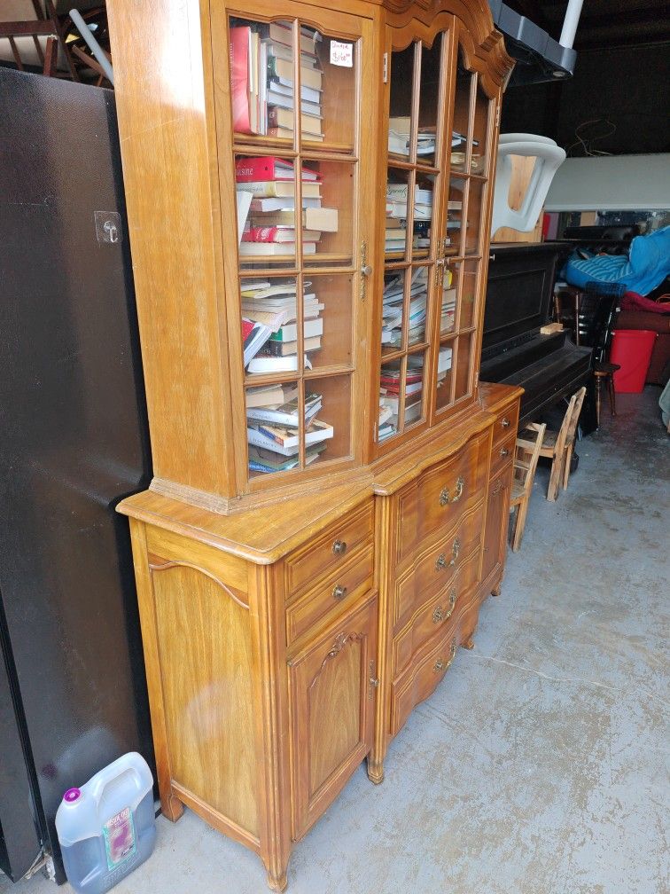 Vintage Wooden China Cabinet with Storage Drawers and Glass Display Shelves