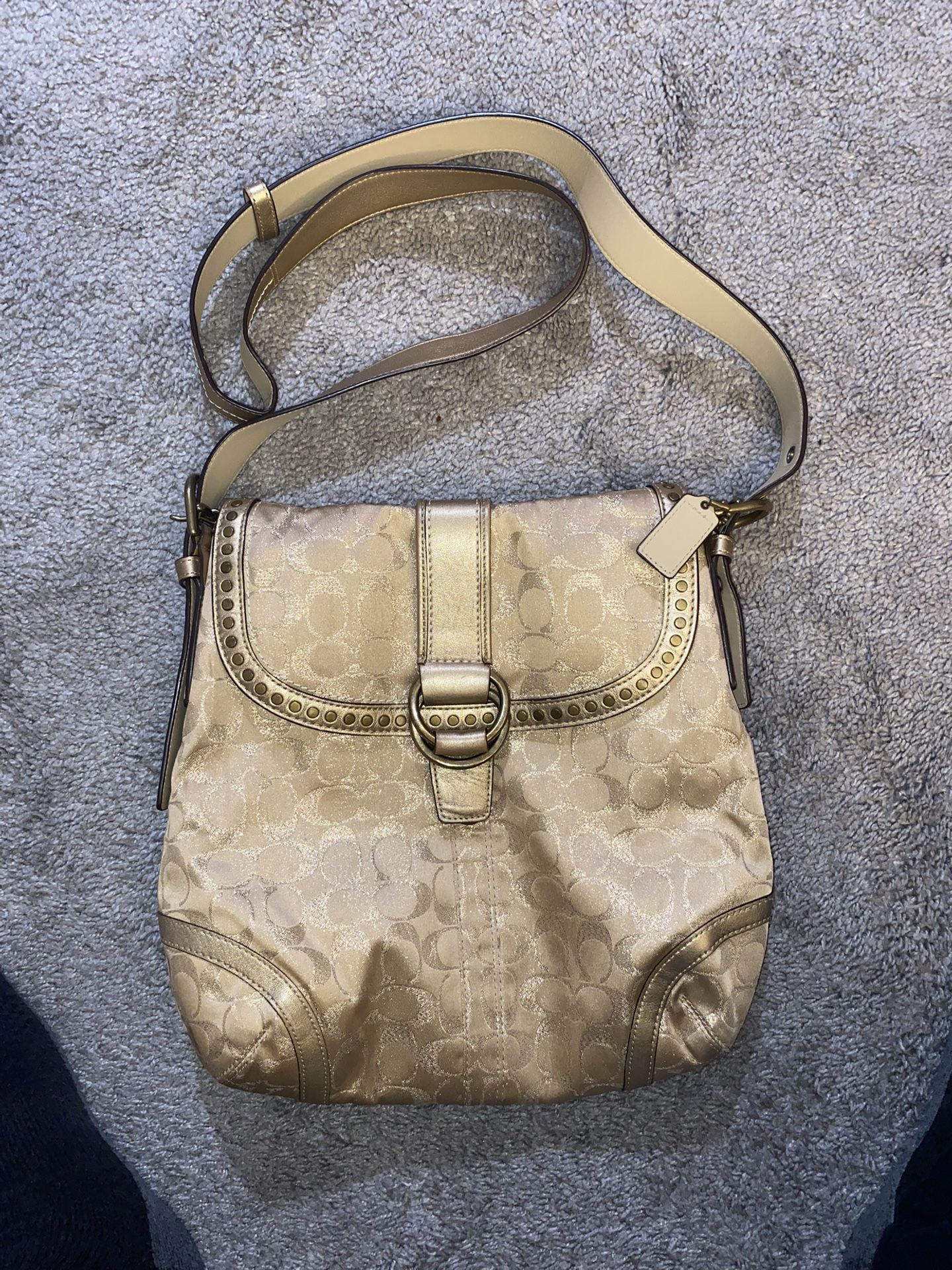 Coach Studded Lurex Gold Signature Flap Duffle Cross Body Bag 12852