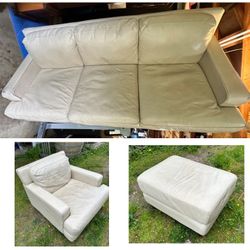 Leather Couch, Love Seat, Footrest Set - Ivory, Good Condition 