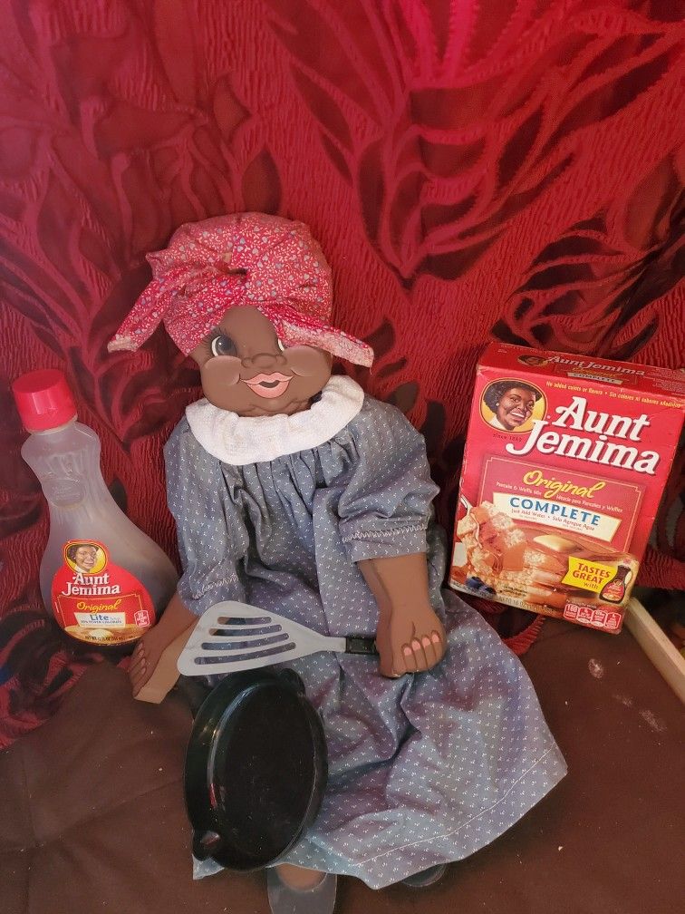 Women Half Empty Syrup Bottle, Never Used Pancake Batter, And Wooden Women Doll