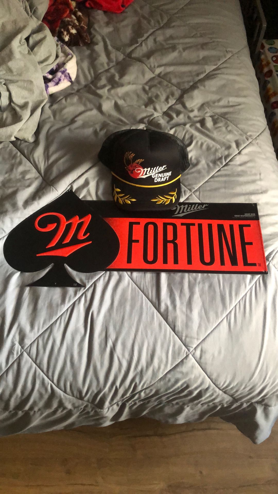 Metal Beer Sign And Hat 