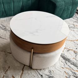 32” Lift-Top Round Marble Coffee Table Set with Storage & Nesting Ottomans (Like New)