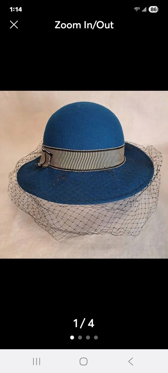 Vintage Wool Felt Brimmed Hat Netted Face Lancaster Teal 100% USA
