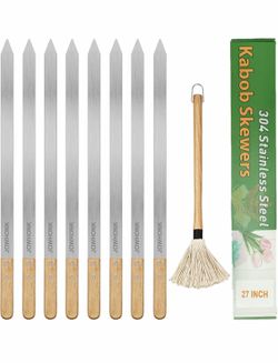 27 Inch Extra Long 1 Inch Wide Kabob Skewers for Grilling, Premium 304 Stainless Steel Barbecue Skewer with Wood Handle, Metal Flat Kebab Skewers incl