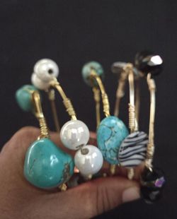 5 Gold Tone Wired Bracelets With Turquoise Faux Pearl Beads Faux Turquoise Boho