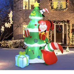 PAETAE 7FT Christmas Blow Up, Inflatable Christmas Tree Santa Gnome Penguin, Christmas Inflatables Yard Outdoor Decorations with LED Lights