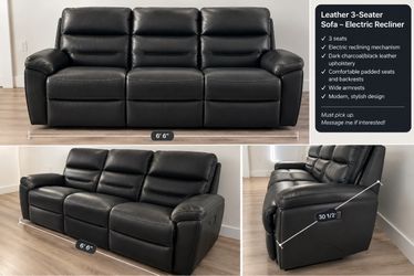 Dark Leather 3-Seater Sofa – Electric Recliner