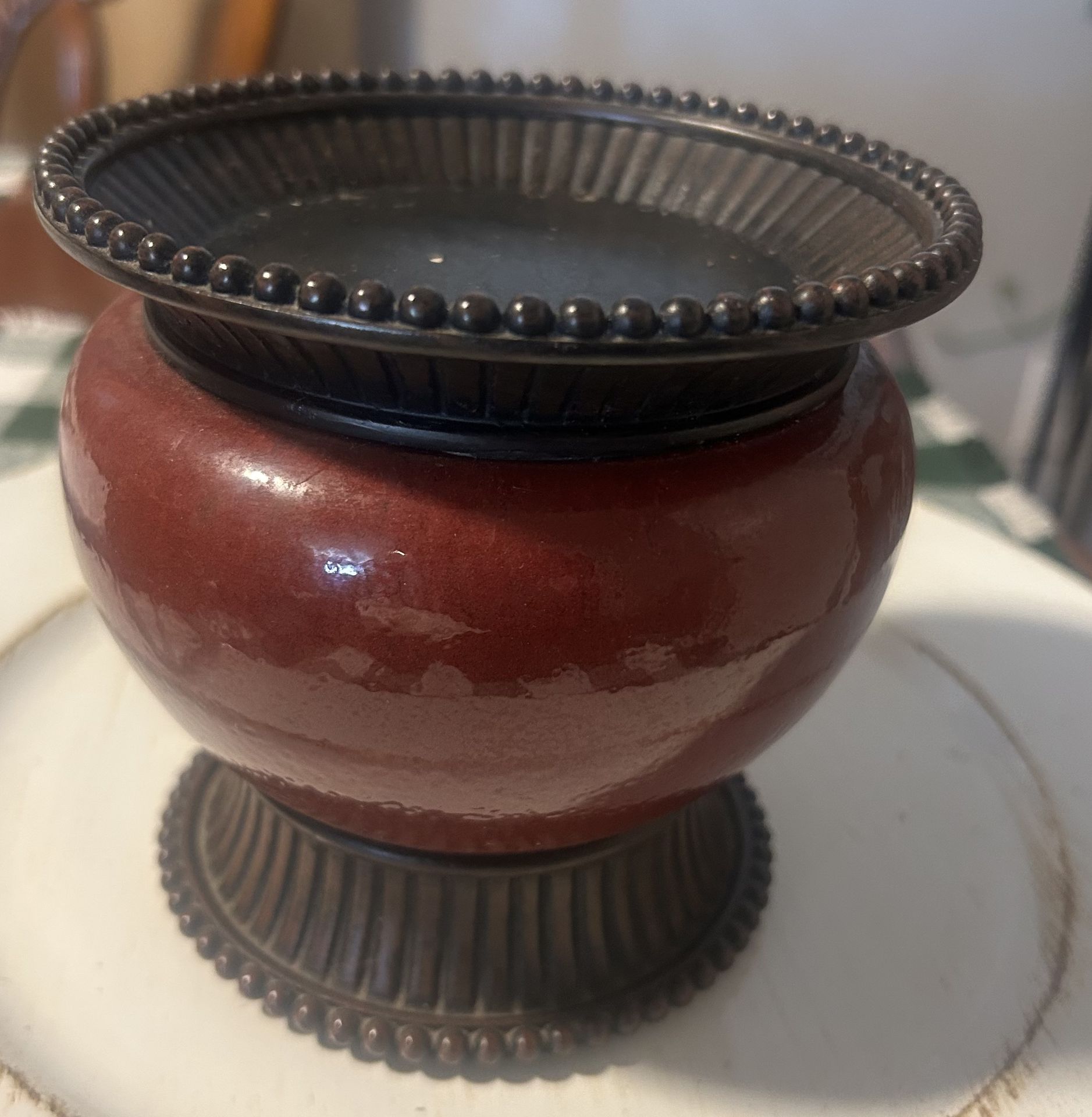 Maroon Ceramic and Bronze Metal candle holder. Read Description