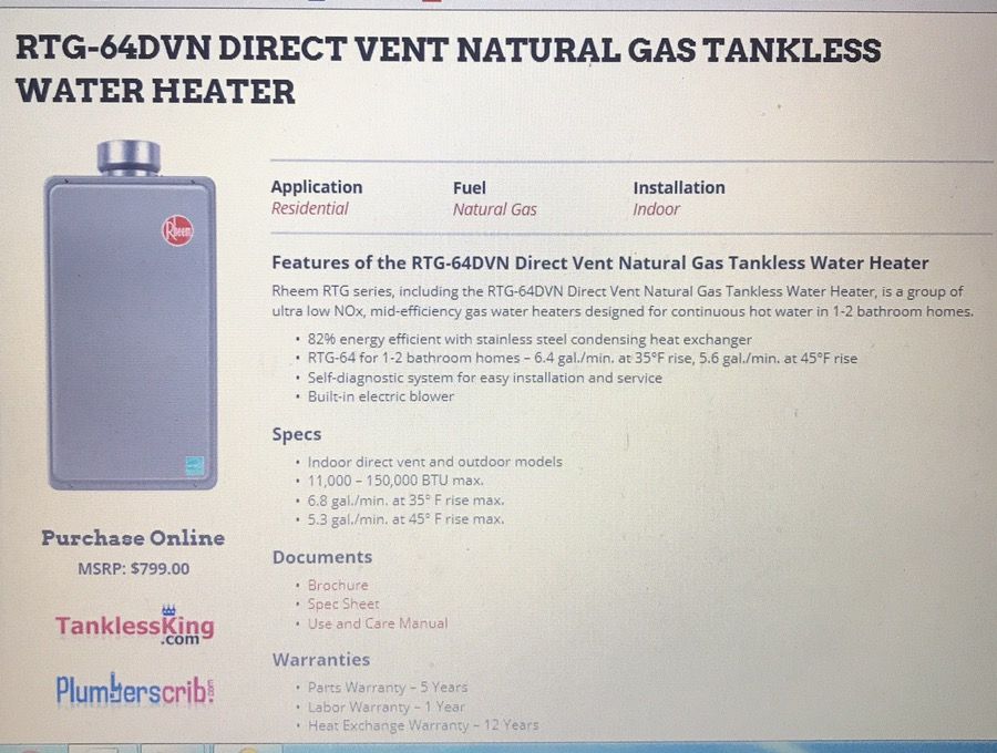 Rheem RTG-64DVN Natural Gas Tankless Water Heater for Sale in Vista, CA -  OfferUp