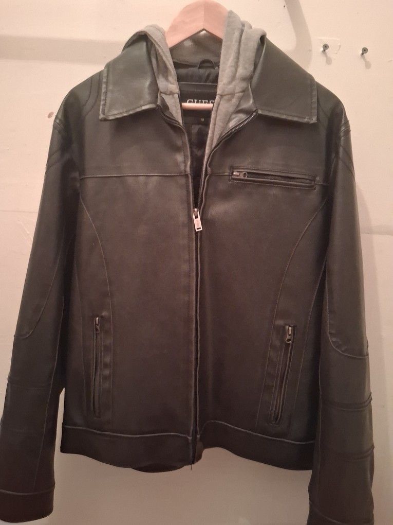 Mens Guess Leather Jacket With Removable Hoodie