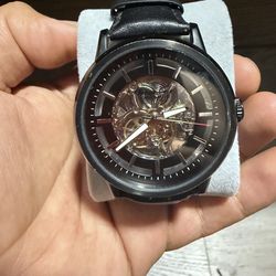 Kenneth Cole Skeleton Automatic Wristwatch Black Leather Band Water-Resistant