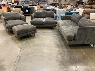 LIVING SPACES 4 Piece Grey Microfiber Wide Seat Living Room Set with Wooden Legs