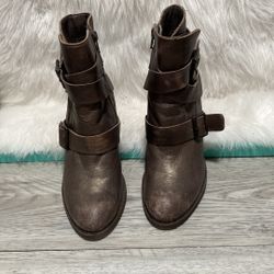 Naughty Monkey Size 7 Brown Bronze Bootie Boots Leather Ankle Cross My Heart Zip