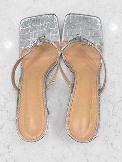 Silver Metallic Croc-Embossed Square-Toe Thong Heels
