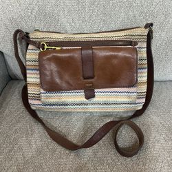 Fossil Brown and Orange Crossbody Bag with Leather Accents with key