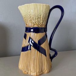 RARE 1990s Bordallo Pinheiro Blue Ribbon Banding Wheat Sheaf Pitcher