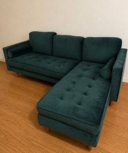 Emerald velvet 84” wide reversible sofa and chaise
