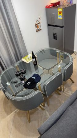 Modern Glass Dining Table Set with Gray Chairs