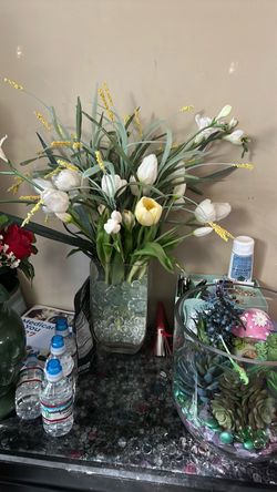 Homemade flour arrangement, glasses, stick, and lots of beads and lots of flowers Homemade flour arrangement, glasses, stick, and lots of beads and lo