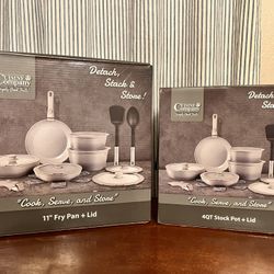 Set of (2) Open Box Oven to Table Ready Stoneware with Detachable handles and Stackable Pot and Frying Pan
