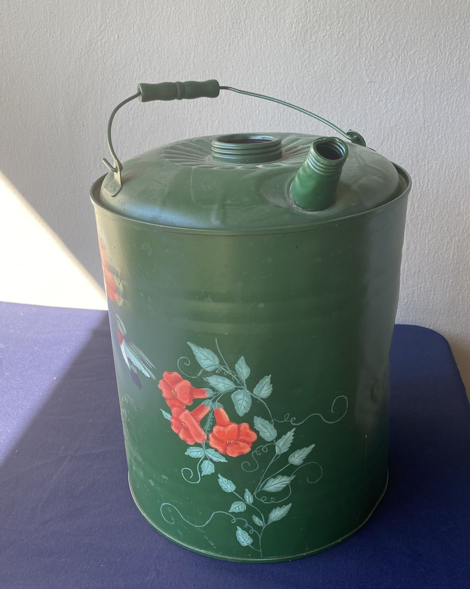 Vintage Gas Can with Wire & Wood Handle Signed & Painted by Artist
